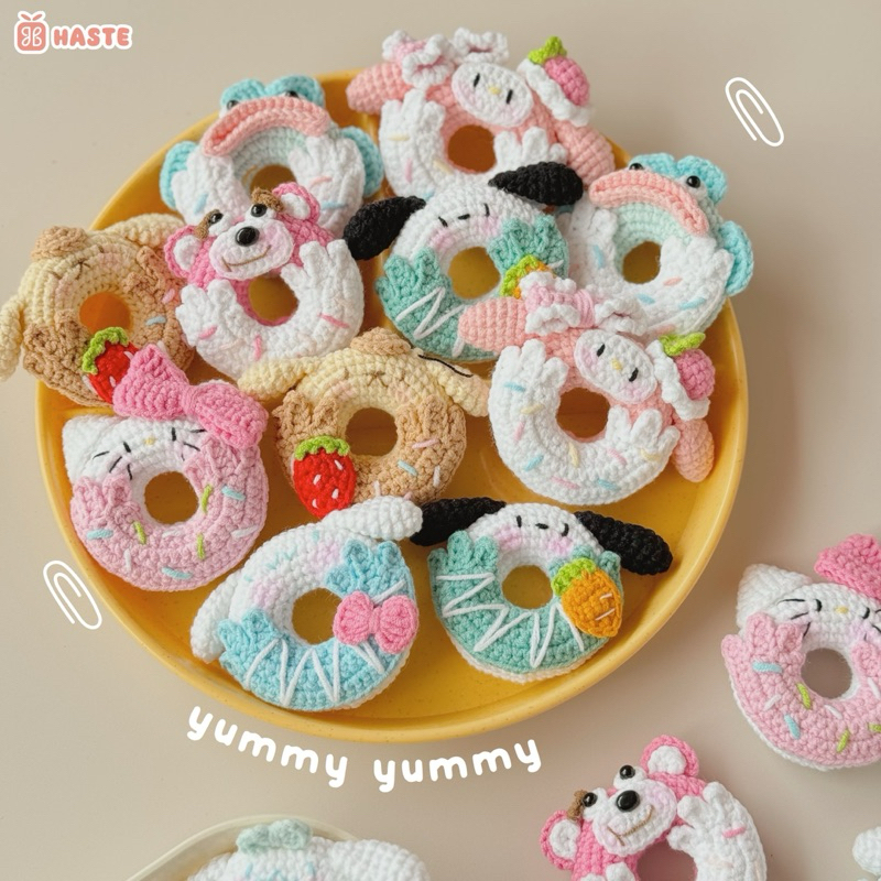 Móc Khoá Len Bánh Donut Hoạt Hình Melody Purin Pompom Hello Kitty Bánh Vòng Dễ Thương Handmade