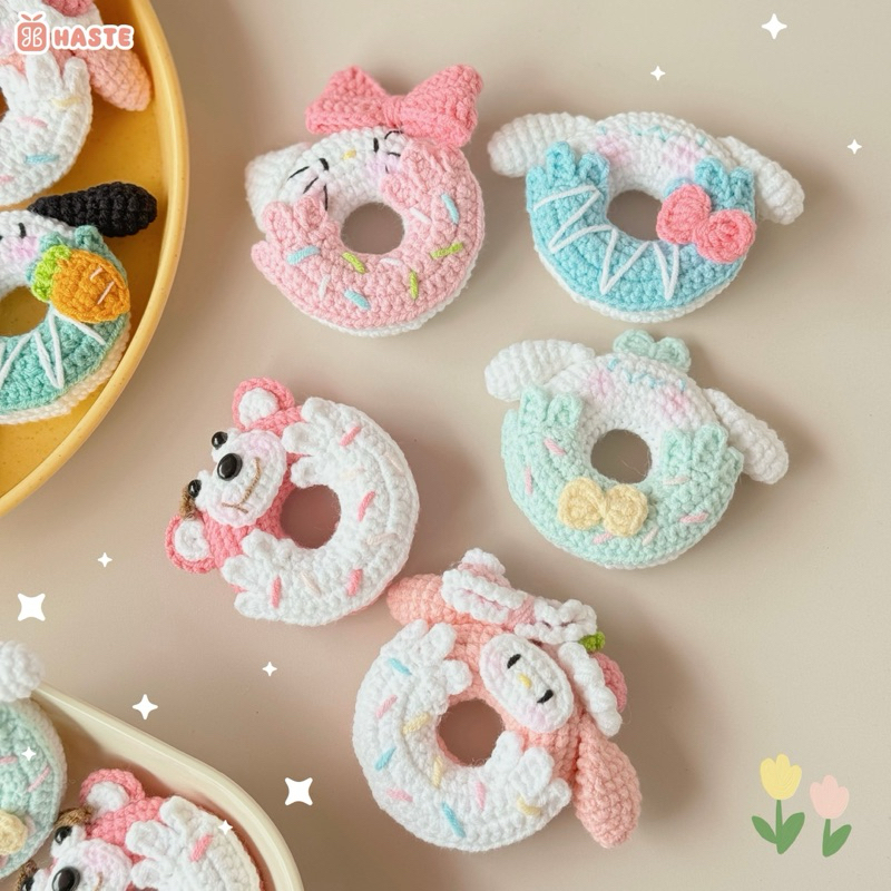 Móc Khoá Len Bánh Donut Hoạt Hình Melody Purin Pompom Hello Kitty Bánh Vòng Dễ Thương Handmade