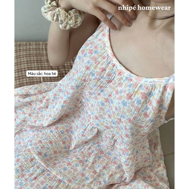 Đầm nữ xô muslin 2 dây nhipé homewear 3 tầng maxi mặc nhà, mặc ngủ chất liệu cao cấp thoáng mát họa tiết xinh dễ thương