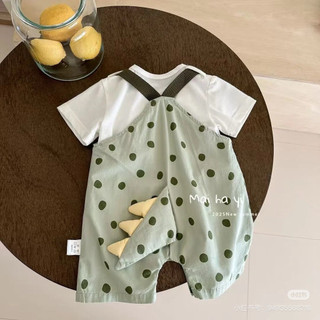 Set áo thun cộc tay + quần yếm chấm bi khủng long cho bé