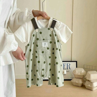 Set áo thun cộc tay + quần yếm chấm bi khủng long cho bé