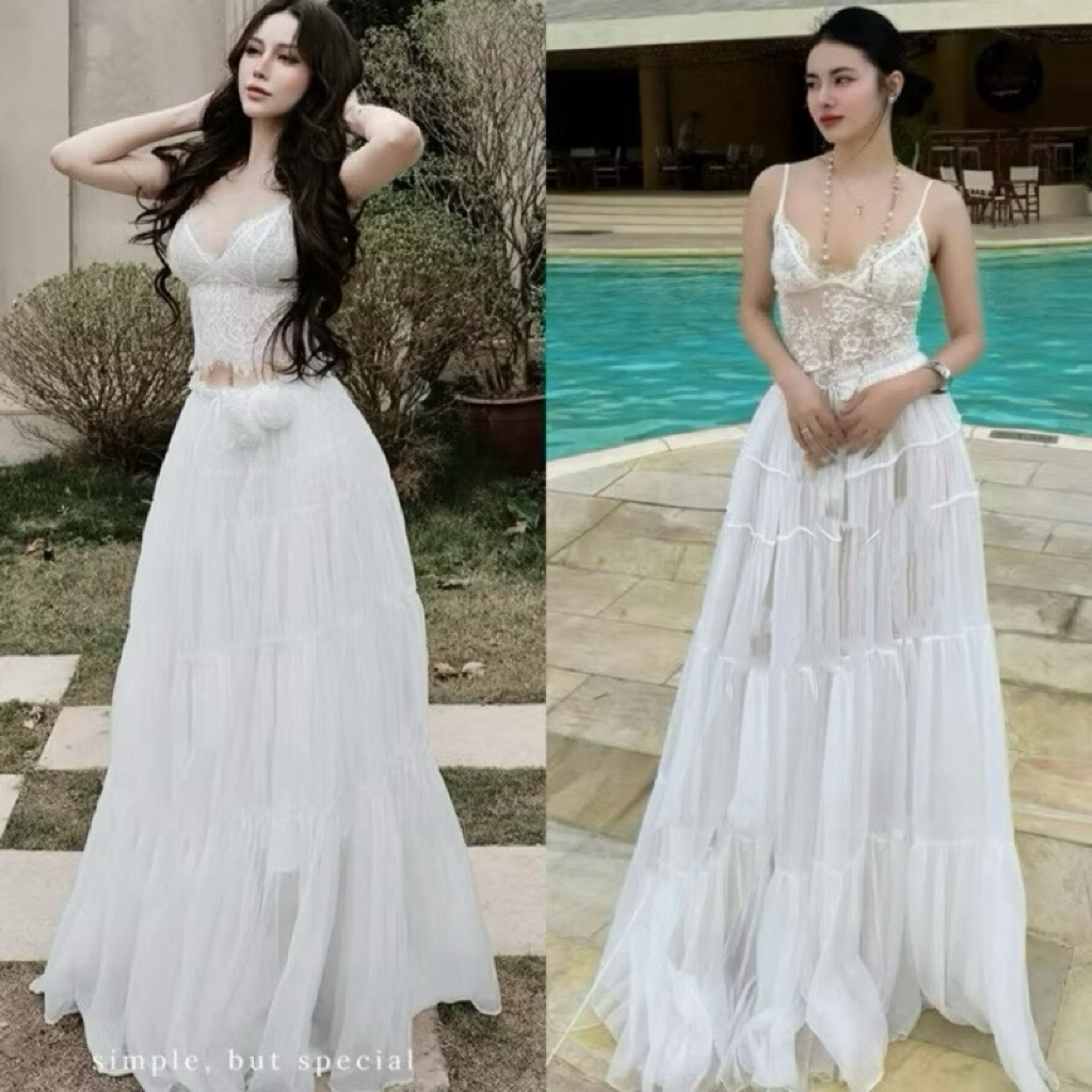 Set Áo 2 Dây Ren Chuẩn Chân Váy Xòe Dáng Dài Đi Biển Mùa Hè Kèm Bông