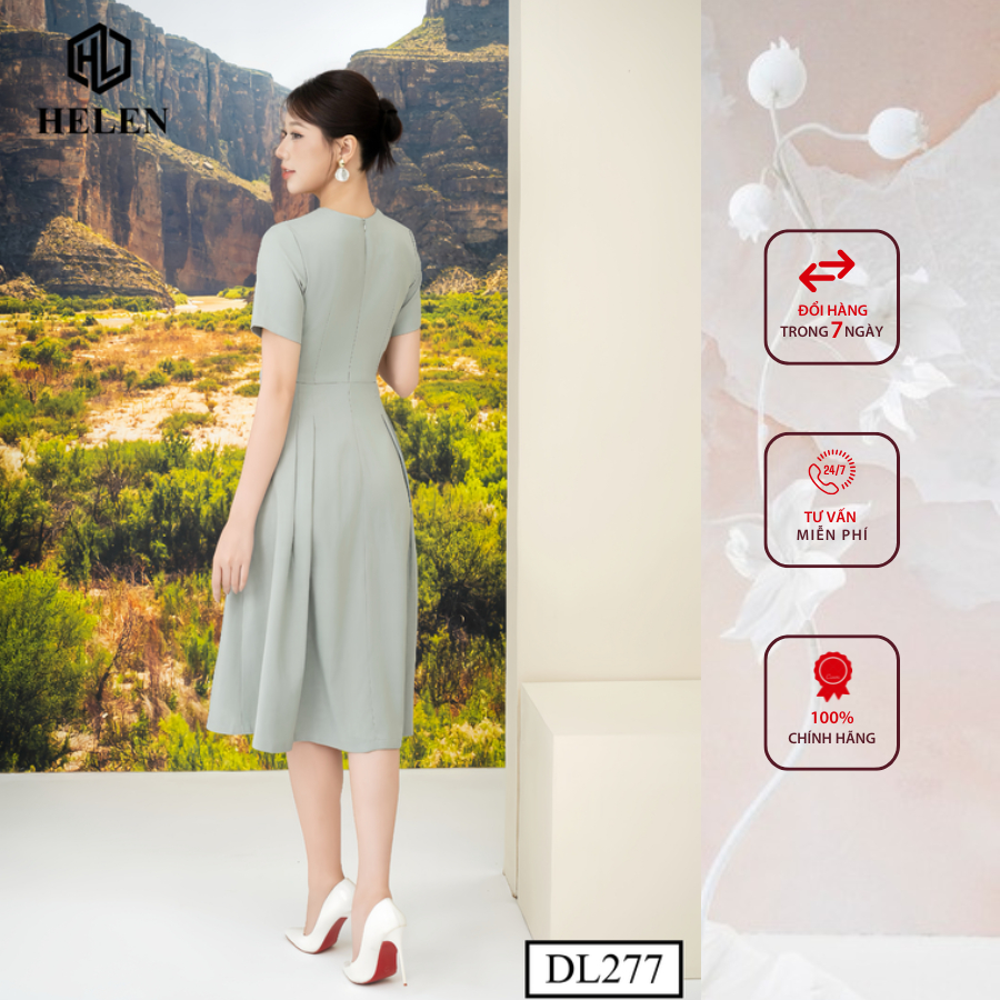 Đầm công sở HELEN thiết kế dáng xòe ghi nơ cổ tạo kiểu đính đá DL277