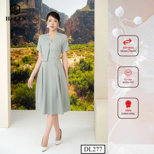 Đầm công sở HELEN thiết kế dáng xòe ghi nơ cổ tạo kiểu đính đá DL277