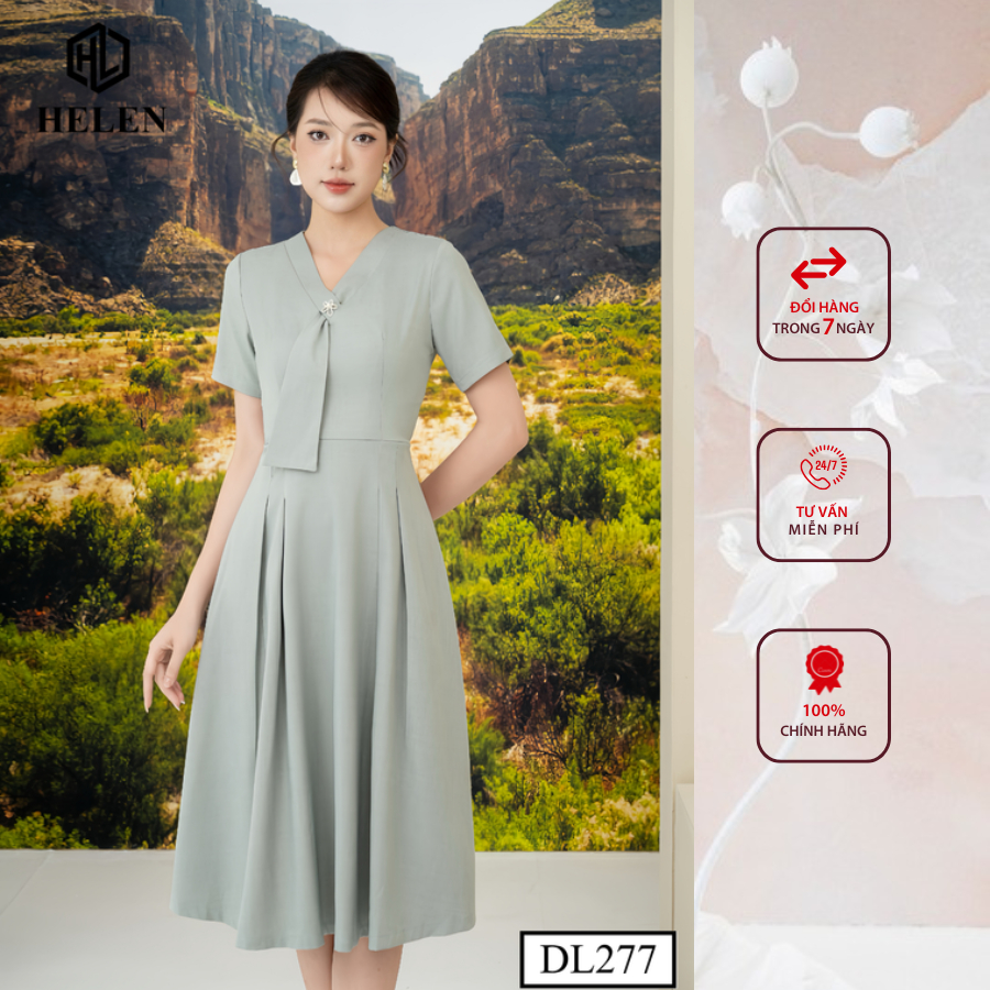 Đầm công sở HELEN thiết kế dáng xòe ghi nơ cổ tạo kiểu đính đá DL277