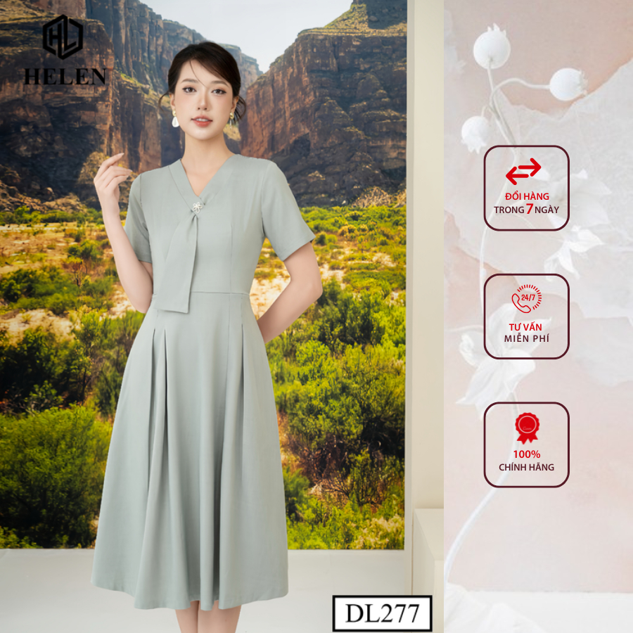 Đầm công sở HELEN thiết kế dáng xòe ghi nơ cổ tạo kiểu đính đá DL277