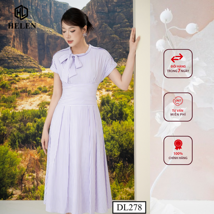 Đầm công sở HELEN thiết kế dáng xòe kẻ tím thắt nơ 1 bên DL278