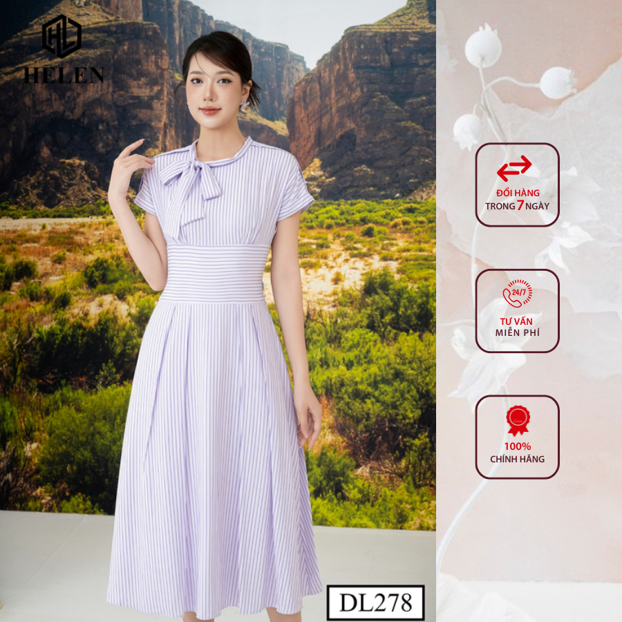 Đầm công sở HELEN thiết kế dáng xòe kẻ tím thắt nơ 1 bên DL278
