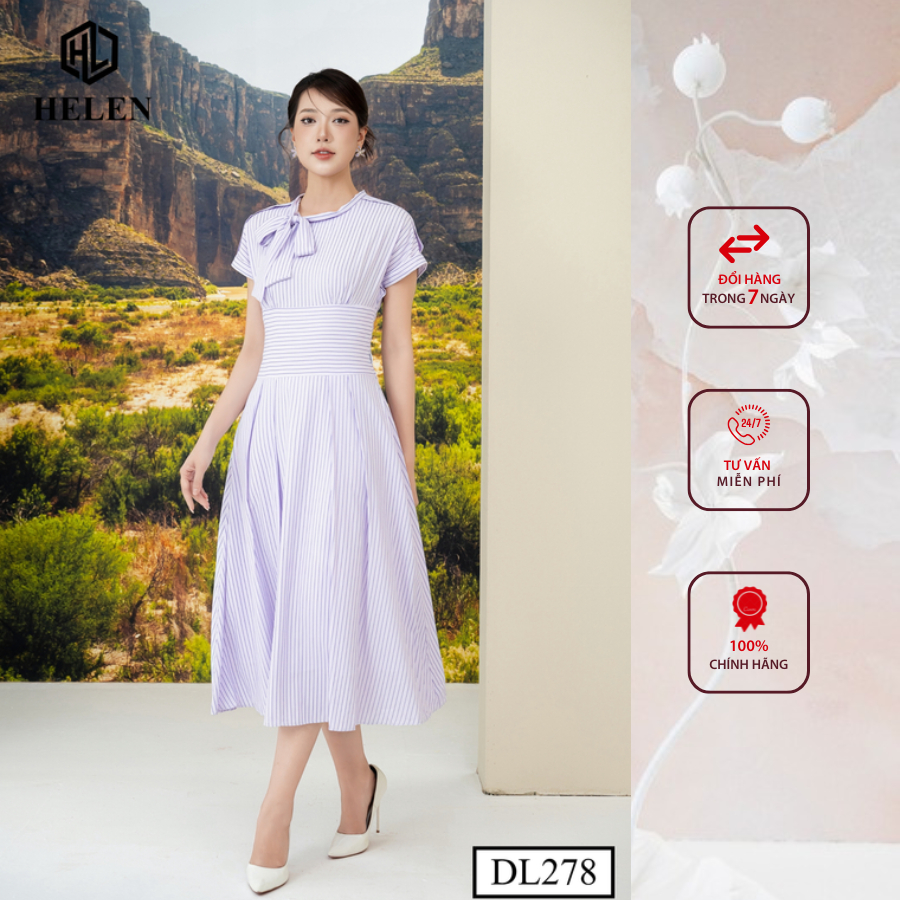 Đầm công sở HELEN thiết kế dáng xòe kẻ tím thắt nơ 1 bên DL278