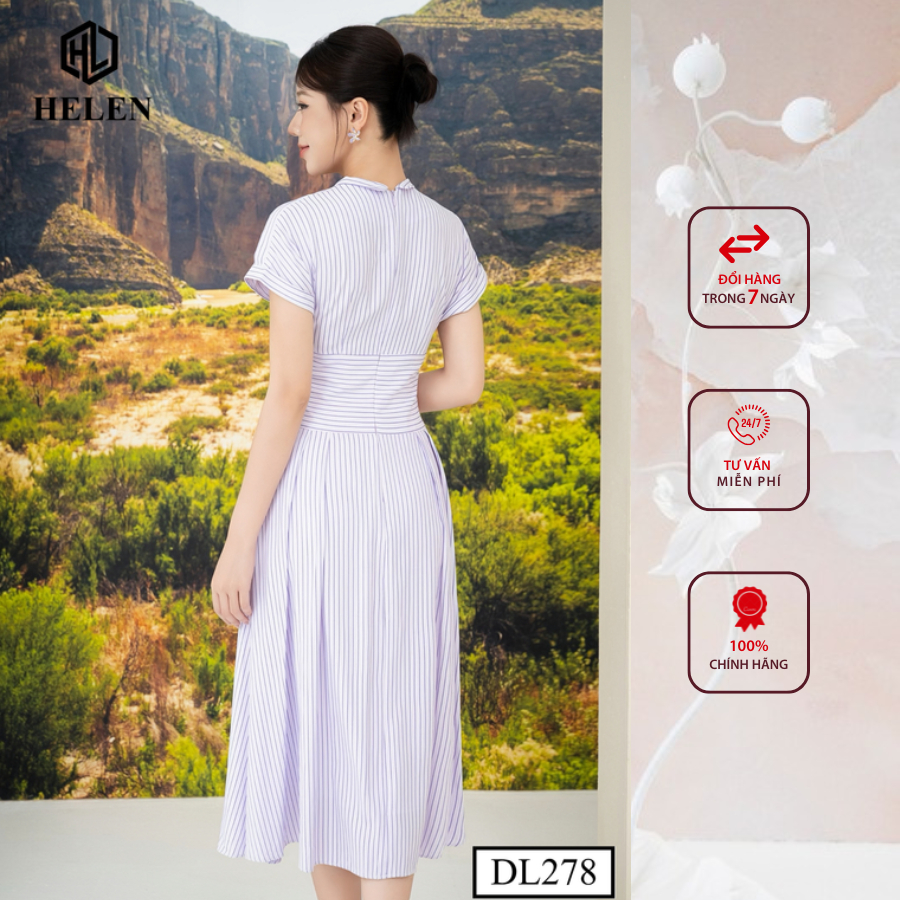 Đầm công sở HELEN thiết kế dáng xòe kẻ tím thắt nơ 1 bên DL278