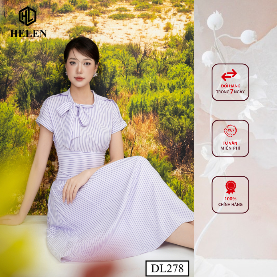 Đầm công sở HELEN thiết kế dáng xòe kẻ tím thắt nơ 1 bên DL278