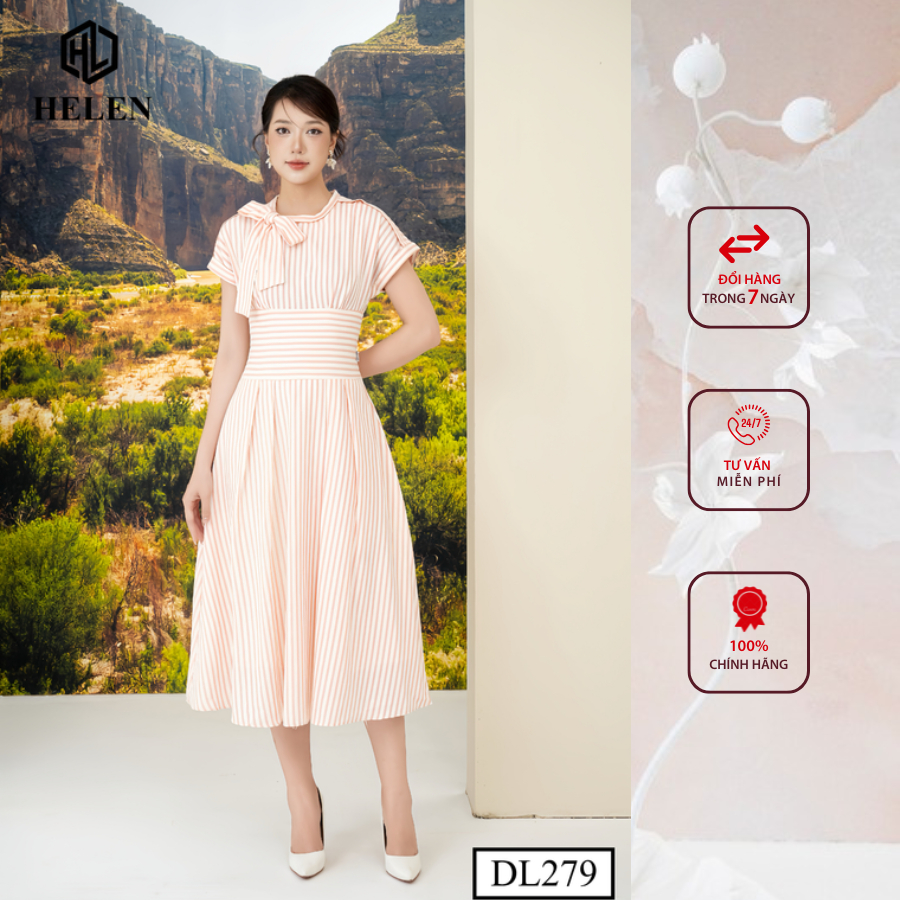 Đầm công sở HELEN thiết kế dáng xòe kẻ hồng thắt nơ 1 bên DL279