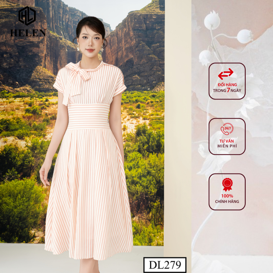 Đầm công sở HELEN thiết kế dáng xòe kẻ hồng thắt nơ 1 bên DL279