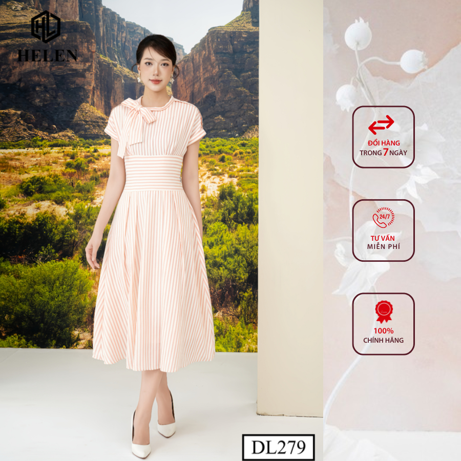 Đầm công sở HELEN thiết kế dáng xòe kẻ hồng thắt nơ 1 bên DL279