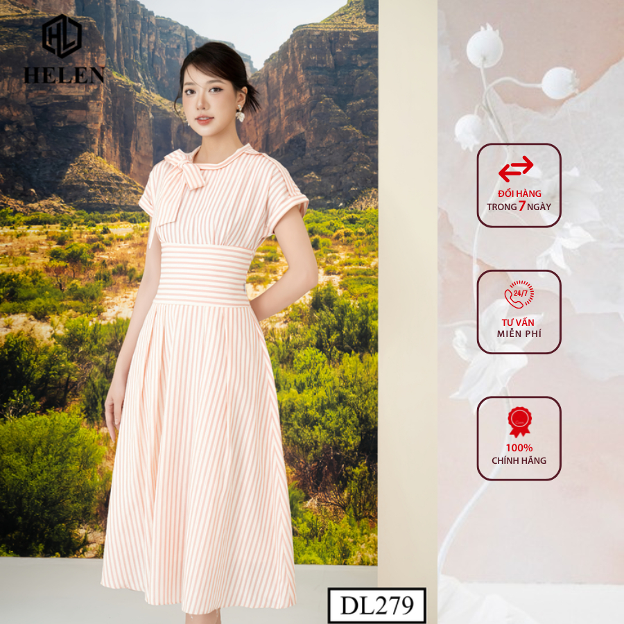 Đầm công sở HELEN thiết kế dáng xòe kẻ hồng thắt nơ 1 bên DL279