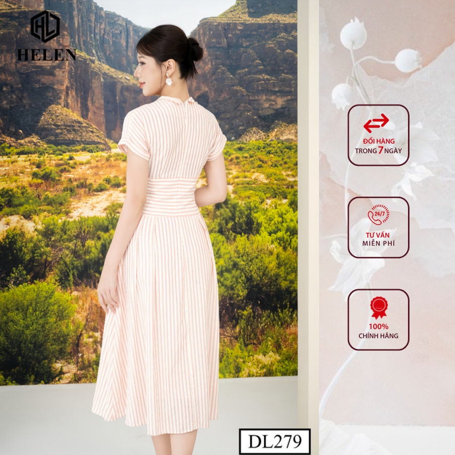 Đầm công sở HELEN thiết kế dáng xòe kẻ hồng thắt nơ 1 bên DL279