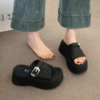 Dép lê nữ VẢI LƯỚI 7 phân khuy cài đế bằng hách dáng