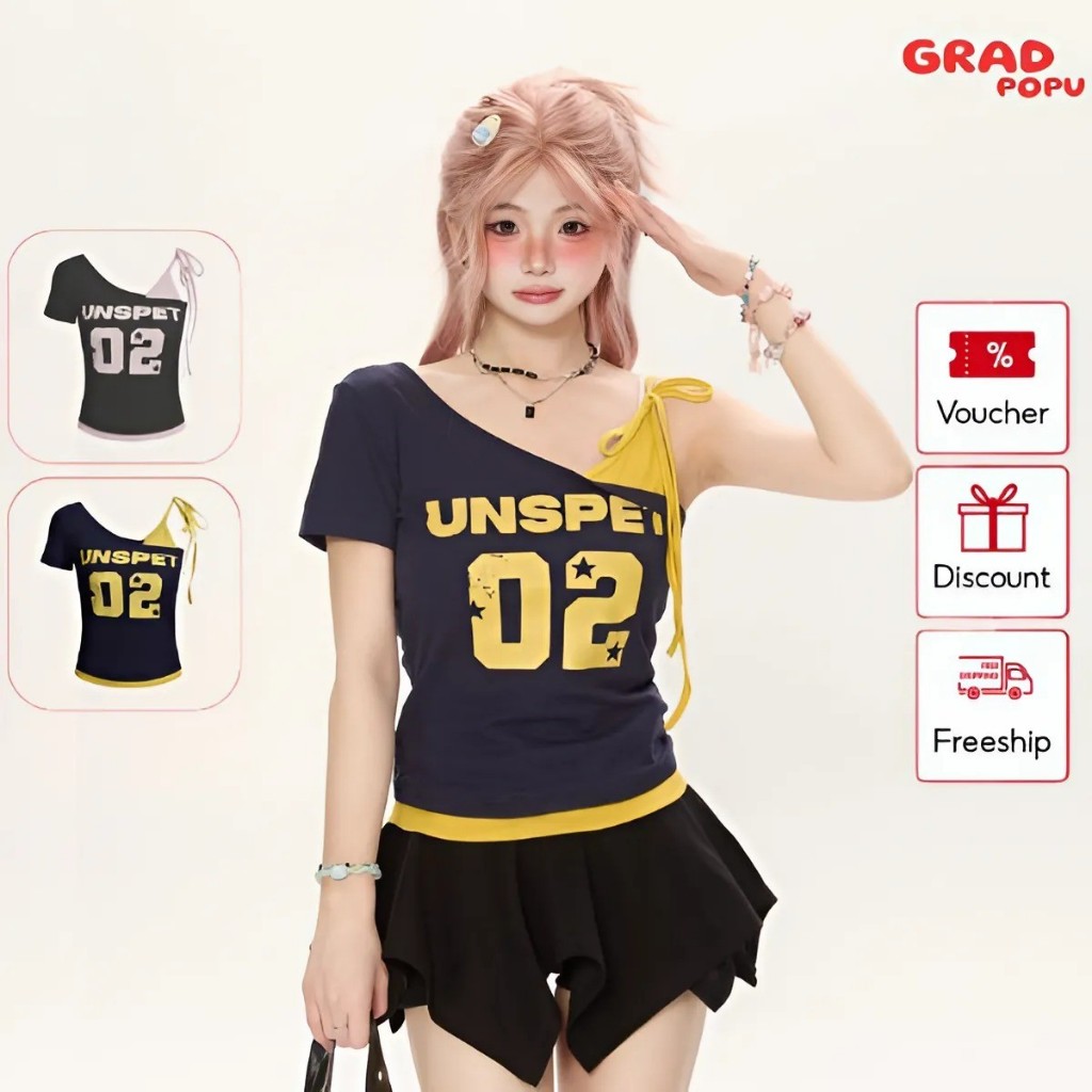 Áo thun lệch vai GRADPOPU kiểu dáng thể thao cá tính ôm body nữ phong cách Hàn Quốc hot trend PAT202