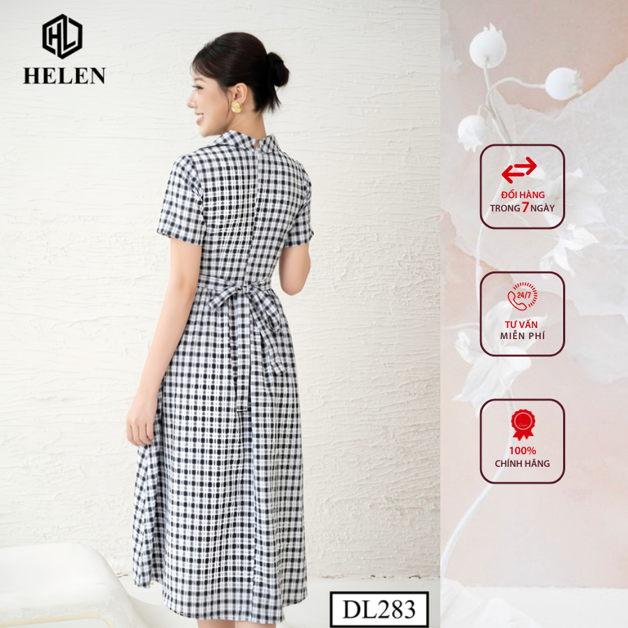 Đầm công sở HELEN thiết kế dáng xòe kẻ ô đen trắng cổ bẻ ve tay cộc DL283