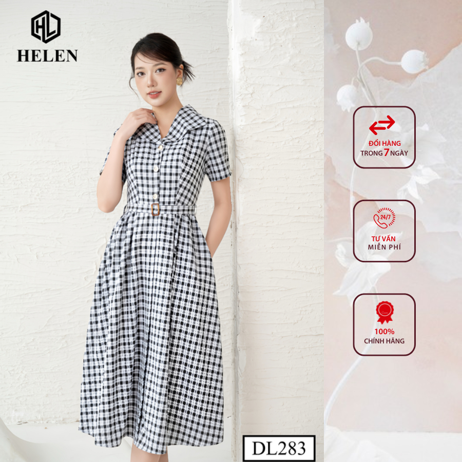Đầm công sở HELEN thiết kế dáng xòe kẻ ô đen trắng cổ bẻ ve tay cộc DL283