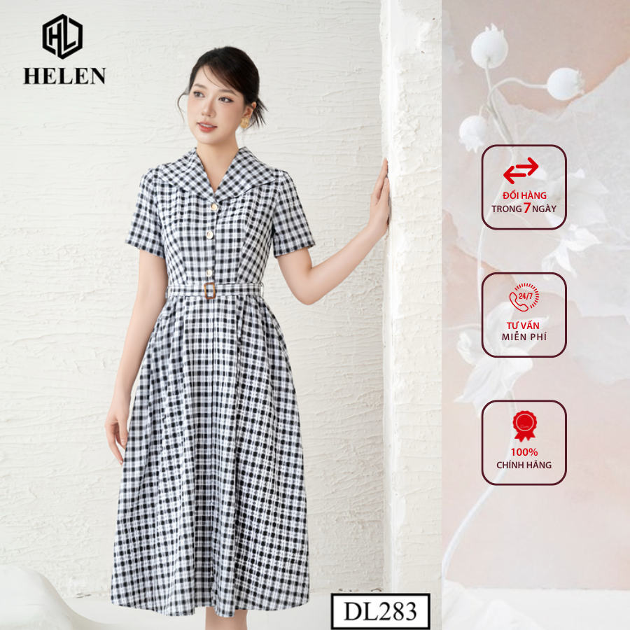 Đầm công sở HELEN thiết kế dáng xòe kẻ ô đen trắng cổ bẻ ve tay cộc DL283