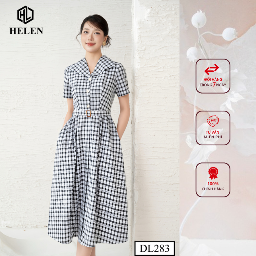 Đầm công sở HELEN thiết kế dáng xòe kẻ ô đen trắng cổ bẻ ve tay cộc DL283