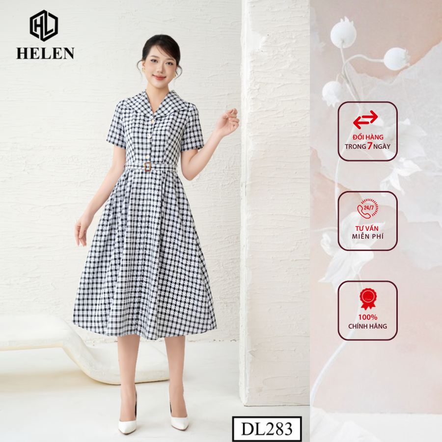 Đầm công sở HELEN thiết kế dáng xòe kẻ ô đen trắng cổ bẻ ve tay cộc DL283