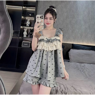BỘ BẦU ĐÙI ĐŨI HÀN HÌNH NƠ CỔ BO CHUN - CỔ VUÔNG - 2 Màu & Quần Có Chun Chỉnh