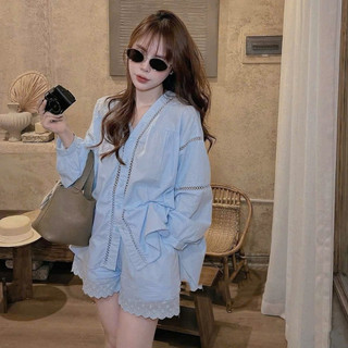 Set Bộ Đồ Nữ Xanh Dương Áo Thô Nến Tay Bồng Phối Ren Cài Cúc Mix Quần Sooc Đùi Ống Rộng Viền Ren Freesize