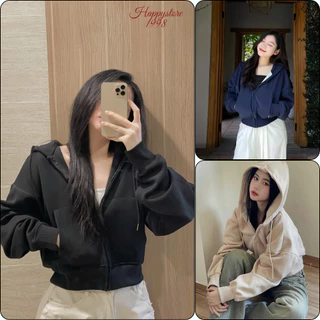 Áo khoác hoodie zip croptop nỉ nữ có 4 túi, mũ 2 lớp dày, áo khoác nữ dáng ngắn trend 2025