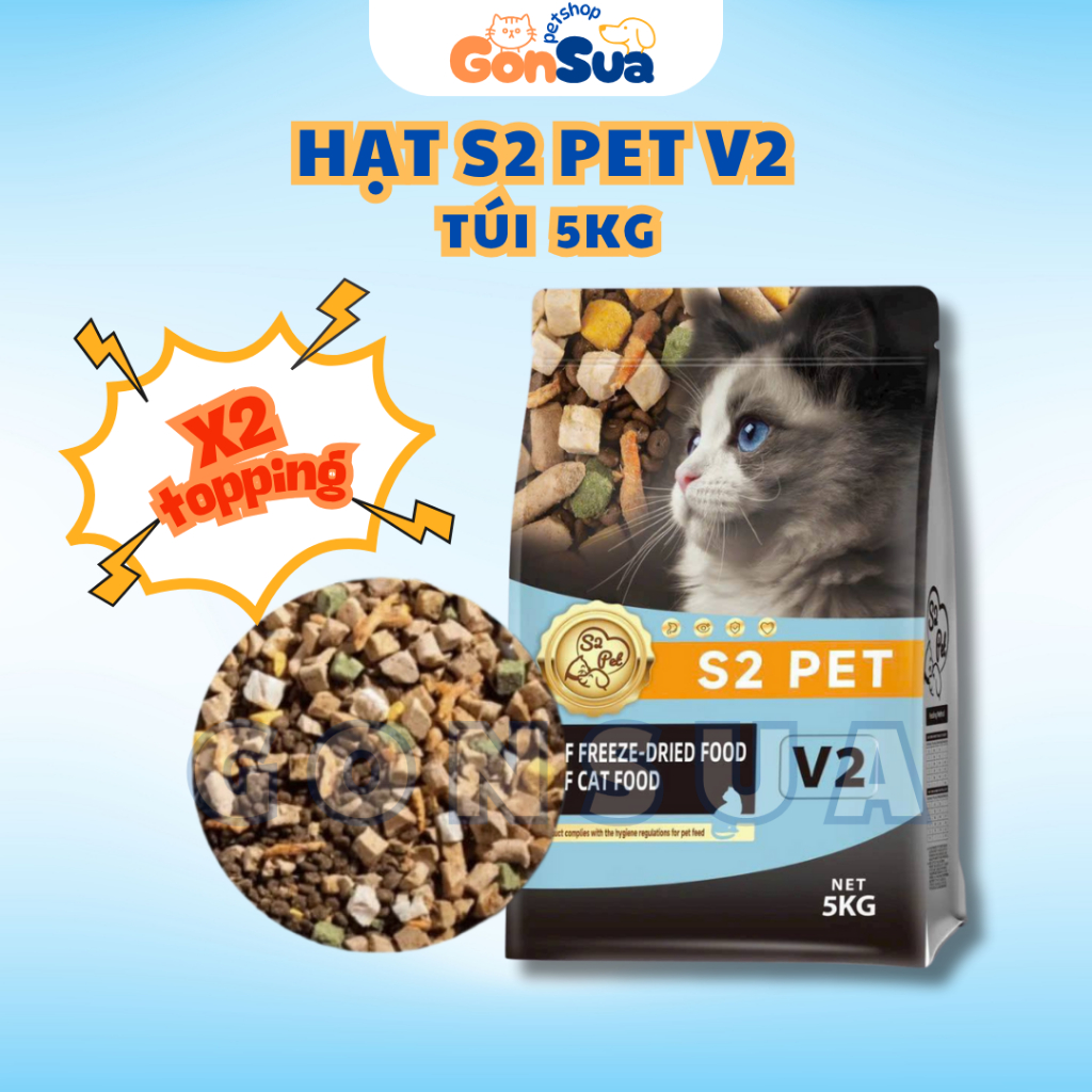 [Túi 5kg] Hạt Cho Mèo S2PET V2 Thêm 50% Topping, Kích Thích Thèm Ăn, Tăng Cân, Phù Hợp Mọi Lứa Tuổi