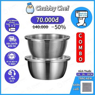 COMBO Thau Rỗ 1 Bộ Inox Cao cấp Chubby Chef Size lớn 24 26 28cm Trộn Bột Rửa Rau Củ Trái Cây Vo gạo Tiện lợi dễ sử dụng