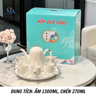 Bộ ấm trà sứ cao cấp đế tích hợp xoay 360 độ, pha trà hoa cúc thưởng trà chiều, QUÀ TẶNG, HOME DECOR