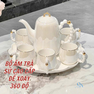 Bộ ấm trà sứ cao cấp đế tích hợp xoay 360 độ, pha trà hoa cúc thưởng trà chiều, QUÀ TẶNG, HOME DECOR