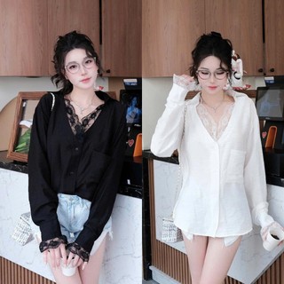 Áo sơ mi trắng nữ cổ V phối ren chất đũi mềm mát sang chảnh hàng thiết kế Smrenhoa241
