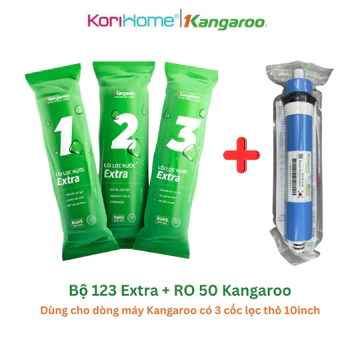 Bộ 4 Lõi Lọc Kangaroo Gồm màng RO 50GPD Kangaroo kèm bộ lõi lọc thô 123 Kangaroo mới nhất, Combo 3 lõi thô + màng RO