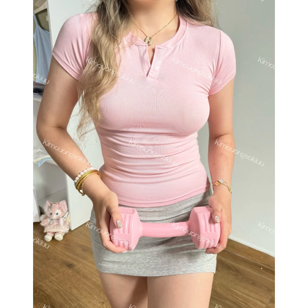 Áo thun cổ trụ tàu eo ôm body kimcuongsokiuu