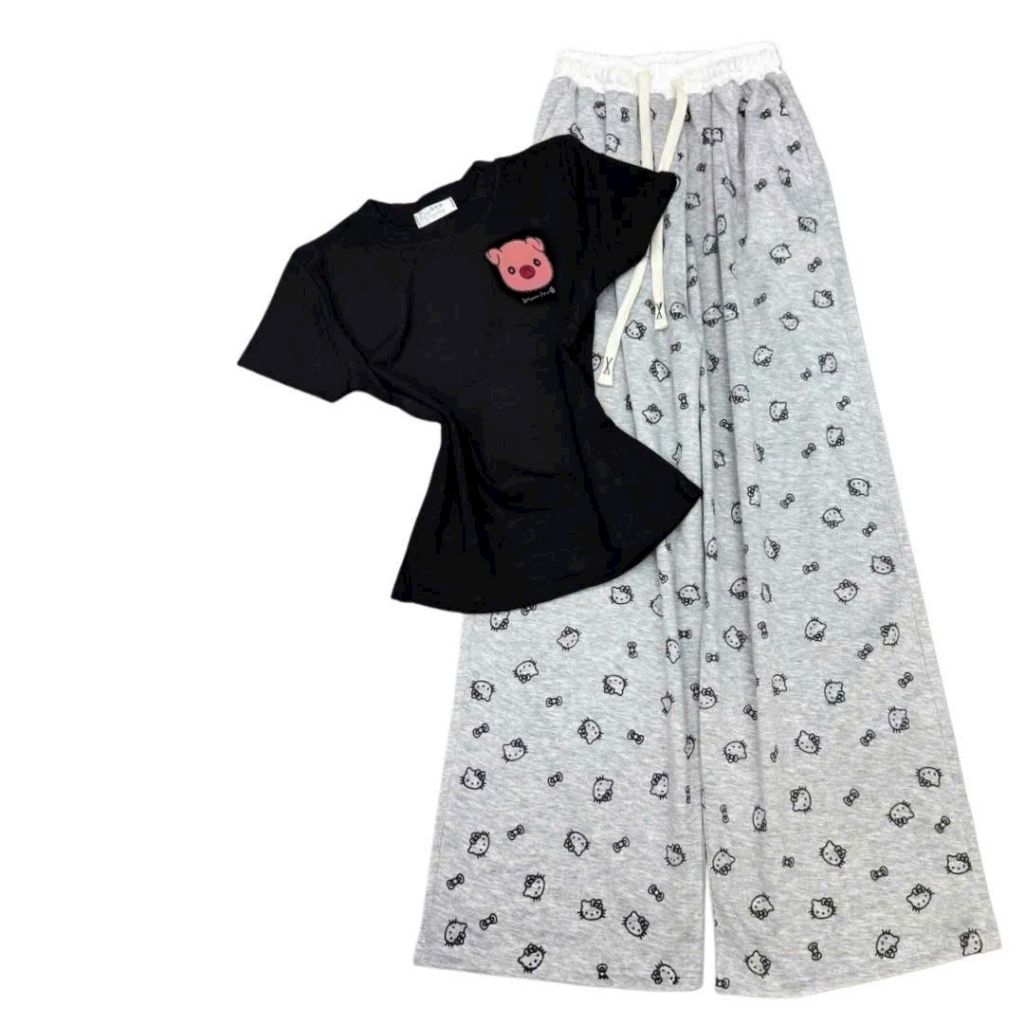 Sét Bộ Quần Ống Suông họa tiết mèo + mix áo CROPTOP tăm lạnh-in Heo Ngực