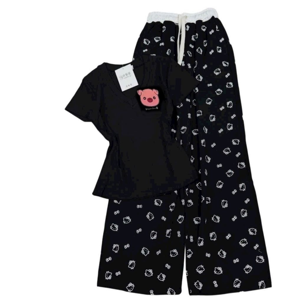 Sét Bộ Quần Ống Suông họa tiết mèo + mix áo CROPTOP tăm lạnh-in Heo Ngực