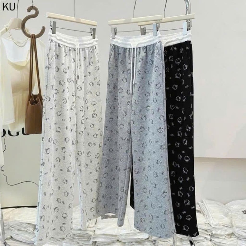 Sét Bộ Quần Ống Suông họa tiết mèo + mix áo CROPTOP tăm lạnh-in Heo Ngực
