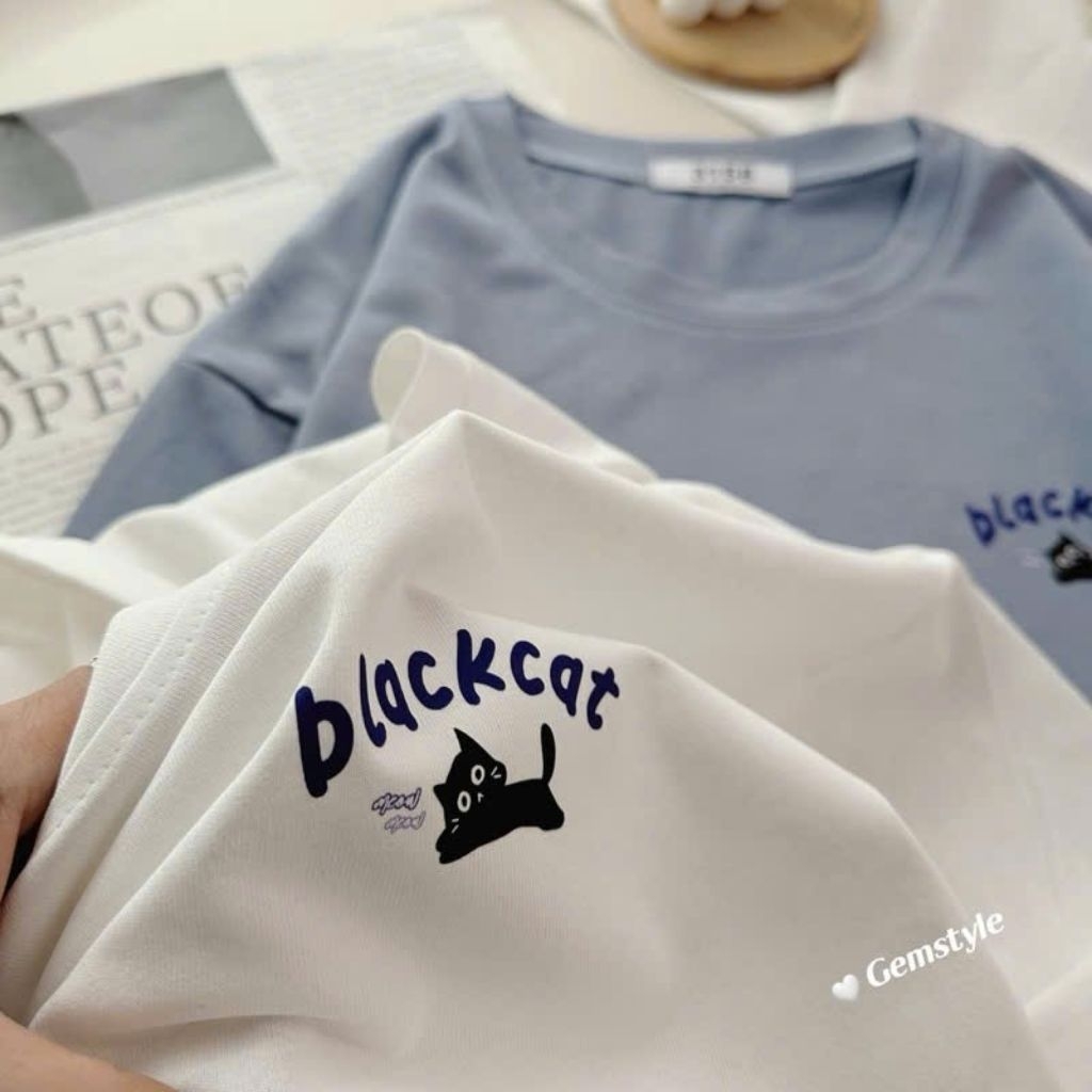 Áo phông form rộng tay lỡ chất vải cotton- chữ Blackcat