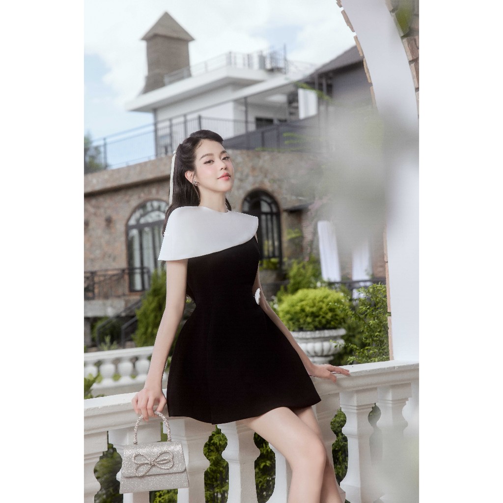 Đầm lệch vai xếp ly phối cape 1P01.2506K, đầm tiểu thư sang trọng dự tiệc, váy đi tiệc cưới thiết kế JM Dress Design