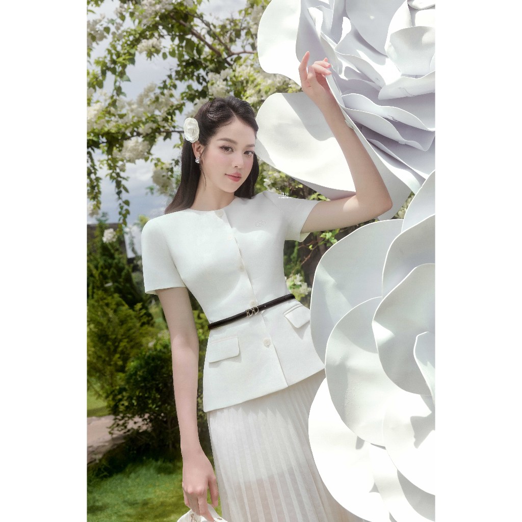 Set áo peplum cổ tròn 2T29.2506K + chân váy sheer dập ly dài 4L05.2506OG, Set đồ công sở tiểu thư tinh tế thiết kế JM