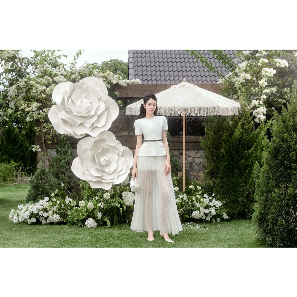 Set áo peplum cổ tròn 2T29.2506K + chân váy sheer dập ly dài 4L05.2506OG, Set đồ công sở tiểu thư tinh tế thiết kế JM
