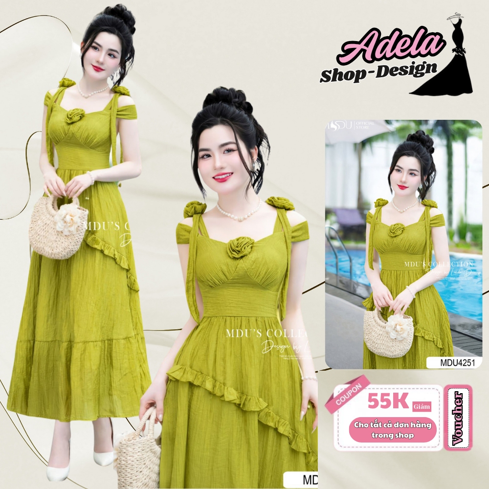 Váy Maxi Biển ADELA DESIGN Váy Xòe Nhẹ, Chất Tơ Xốp Nhăn Kết Hợp Với Gam Màu Xanh Nổi Bật MDU4251