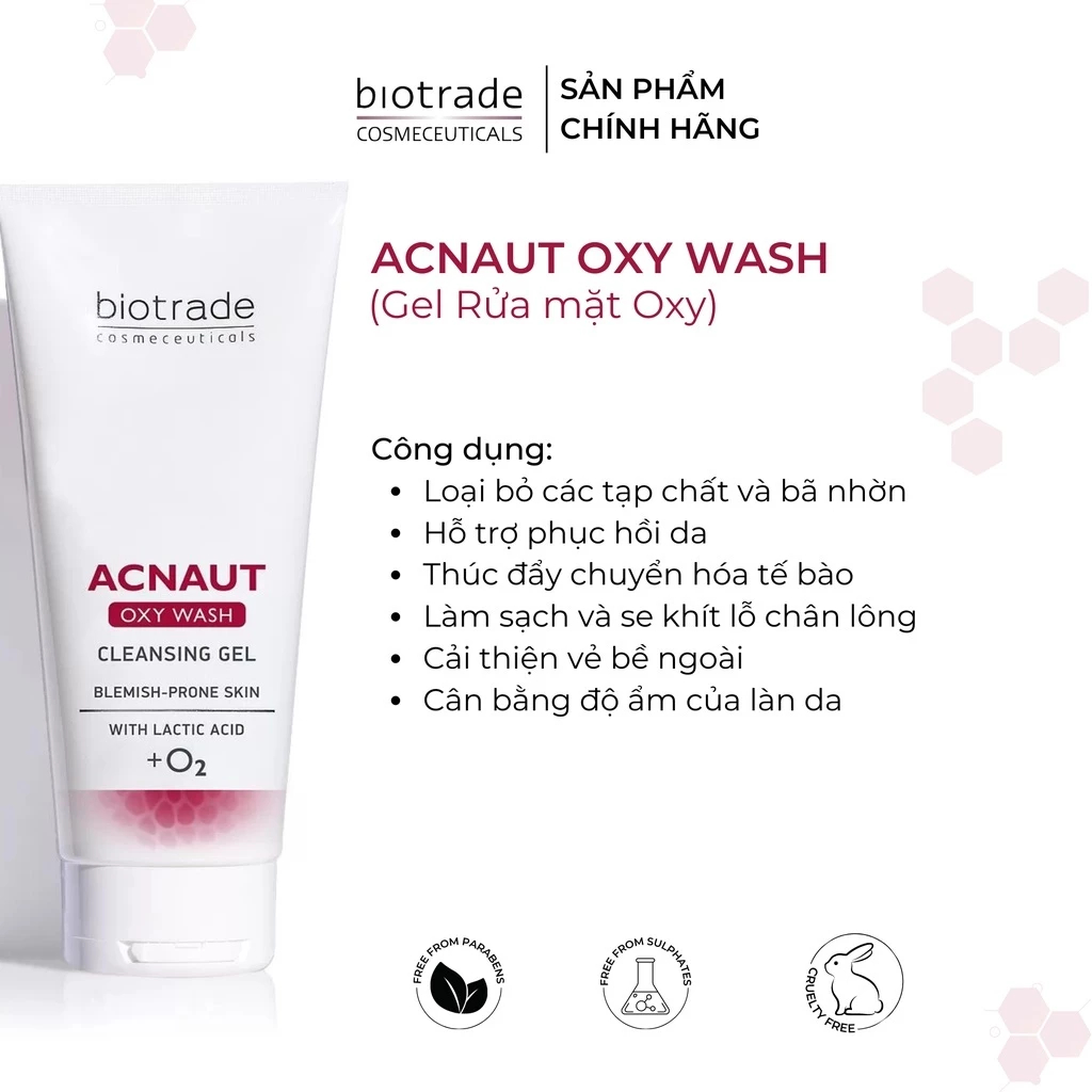 Sữa Rửa Mặt Dạng Gel Dành Cho Da Dầu Mụn Biotrade Acnaut Oxy Wash Cleansing Gel 50ml & 200ml