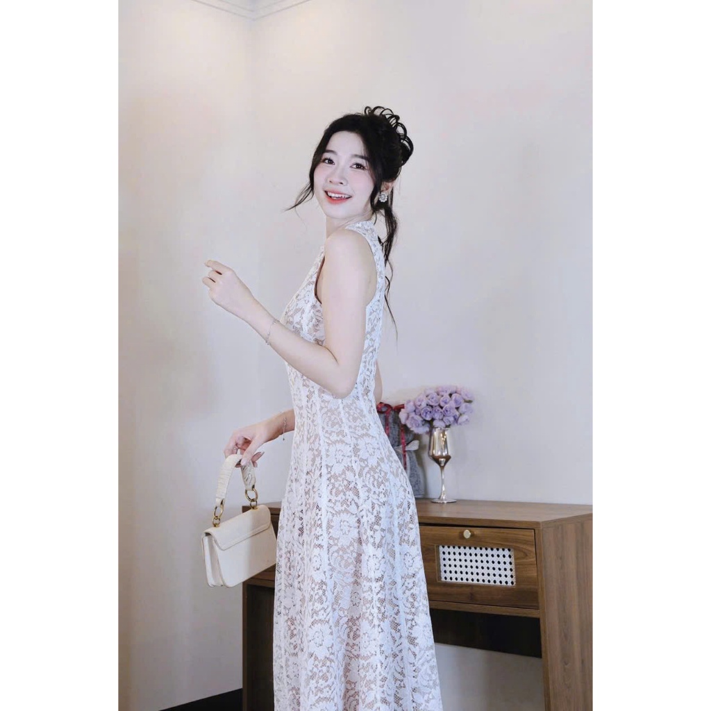 vay ren dạ hội, dự tiệc, đầm ren chỉ thiết kế sát nách from dài cao cấp mặc lên sang xĩu (có mút, có lót)