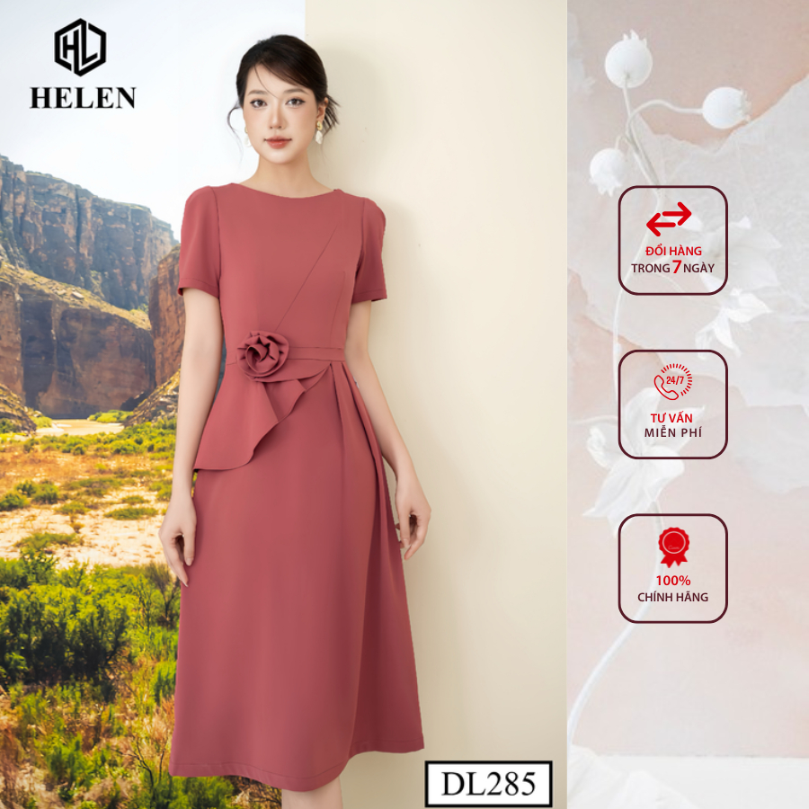 Đầm công sở HELEN thiết kế dáng xòe peplum màu hồng đính hoa eo DL285