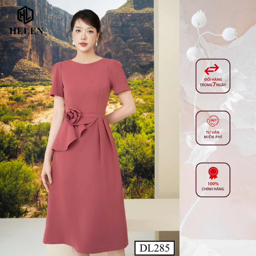 Đầm công sở HELEN thiết kế dáng xòe peplum màu hồng đính hoa eo DL285