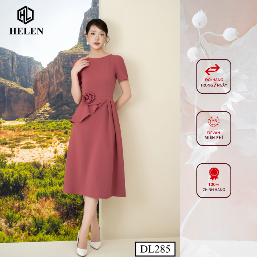Đầm công sở HELEN thiết kế dáng xòe peplum màu hồng đính hoa eo DL285